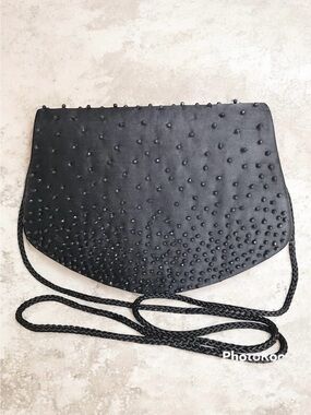 La Regale Vintage Clutch Black Beaded Satin Purse
